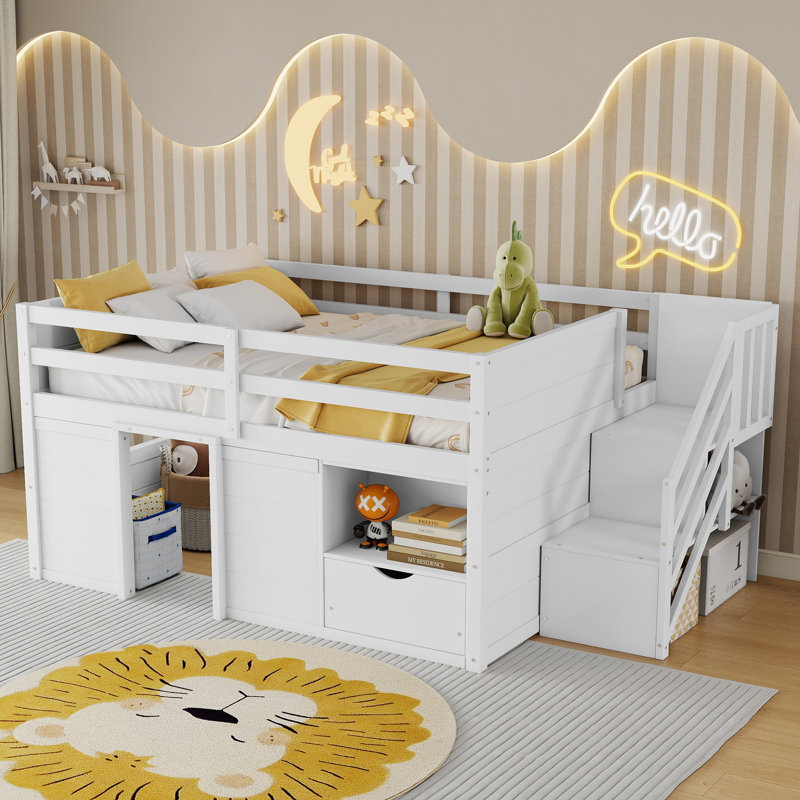 Structure de lit mezzanine pleine grandeur en bois massif avec escalier intégré, tiroir de rangement, tablette et lumière DEL 7 couleurs pour chambre d'enfant, blanc