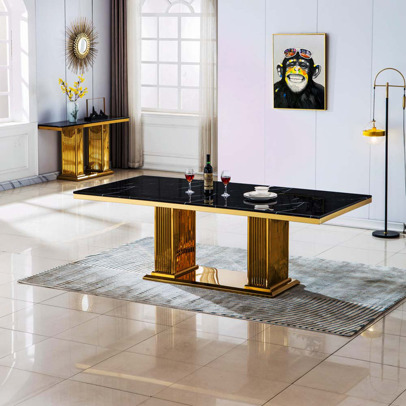 Table de salle à manger en marbre véritable 86,61 po Johnstown, Gris, Argent