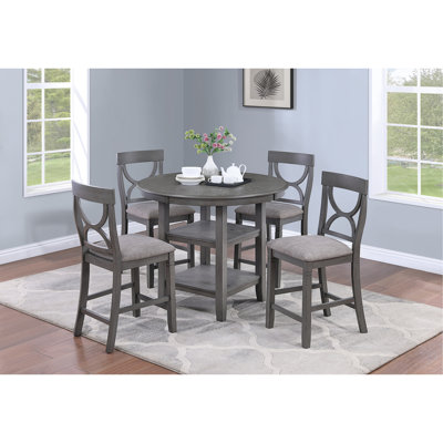 Table de salle à manger à hauteur de comptoir avec étagères de rangement à 4 chaises avec siège rembourré et dossier unique 5 pièces