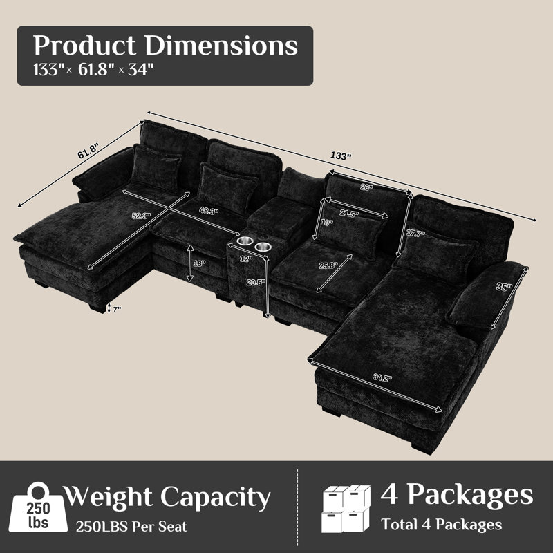 5 Piece U Shape Sectional Sofa Cloud Couch Double Chaise Sectional Couch with Console, Black Chenille