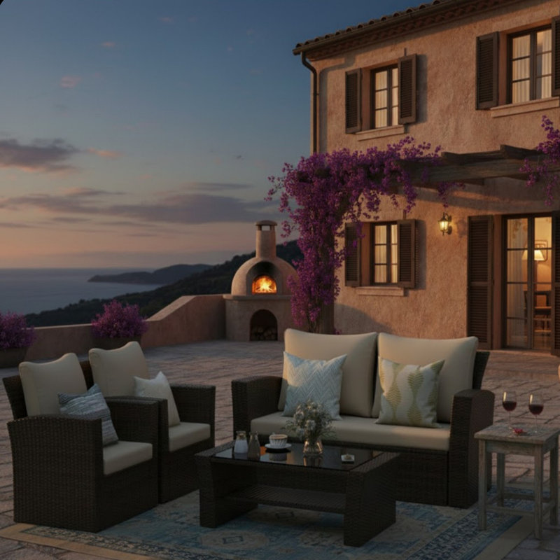 4-Piece All Weather Wicker Patio Conversation Set with Brown Cushions and Glass Table, Beige, Brown