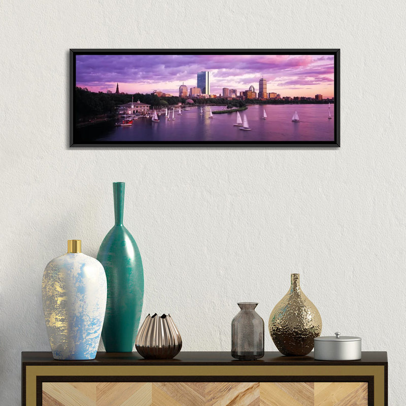 «Dusk Boston Massachusetts», reproduction de photo sur toile tendue, H 12 po x l 36 po x P 1,5 po, Toile avec cadre noir