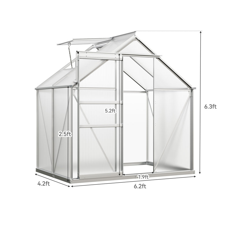 6'W X 4'/6'D Dual-wall Polycarbonate Greenhouse with Aluminum Frame, Steel Base, Sliding Door, 75.6" H x 74.4" W x 50.4" D