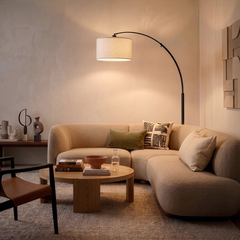 Logan 76" Modern Adjustable LED Arc Floor Lamp with Black Marble Base and Tan Fabric Drum Shade, Bulb Included, Black, Beige