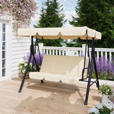 Outdoor Porch Swing with Adjustable Canopy, 3-Seat Patio Swing Chair with Stand, Heavy Duty Outdoor Swing for Adults, Metal Frame Patio Swing for Garden, Backyard & Poolside