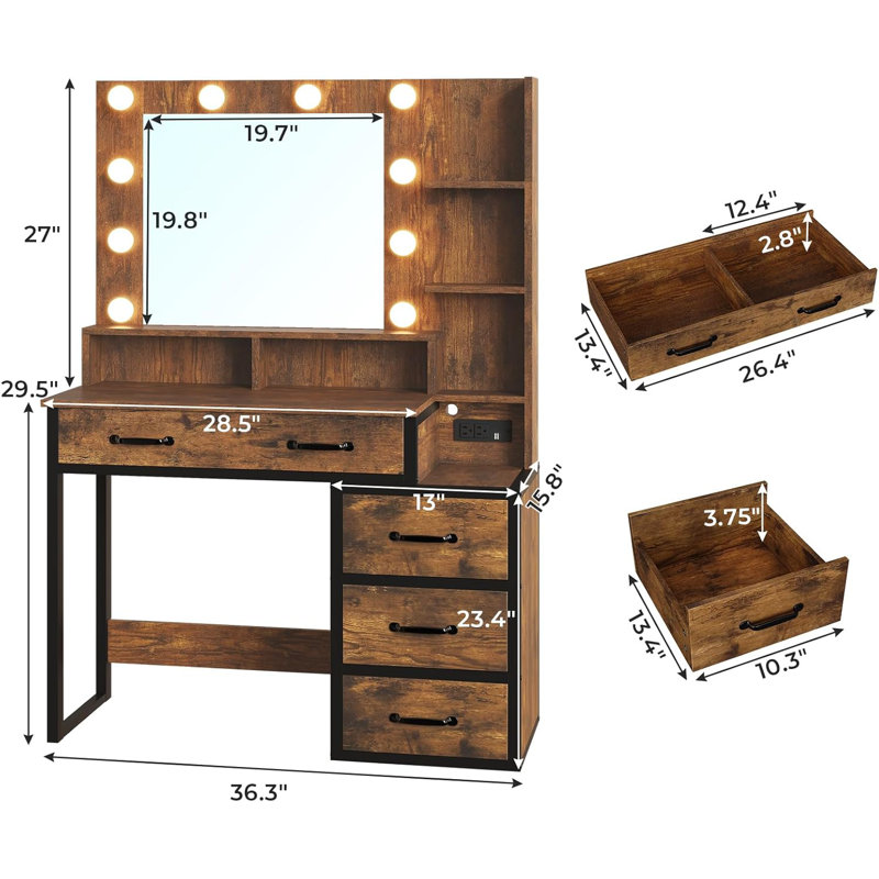 Retro dressing table with 3 colours lights Charging station with 2 USB ports and sockets