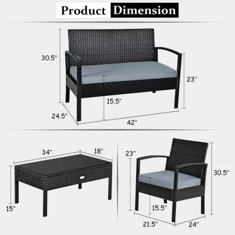 Valerian 4 - Person Patio Conversation Set with Cushions, Black