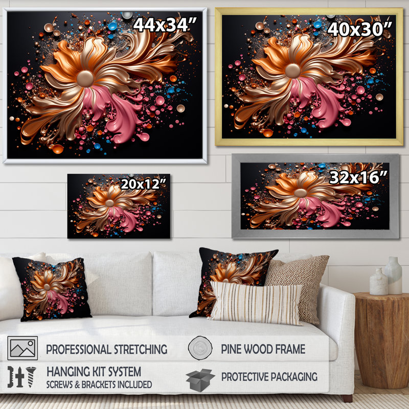 «Golden Flower Blossoming Paint Splatters» sur impression sur toile, 12" H x 20" W, Cadre flottant blanc