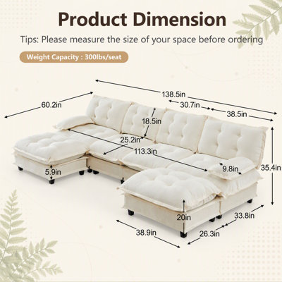 Canapé modulaire en forme de U de 138 pouces avec 2 repose-pieds, 4 sièges en chenille et coussin profond en treillis confortable pour les salons et les appartements