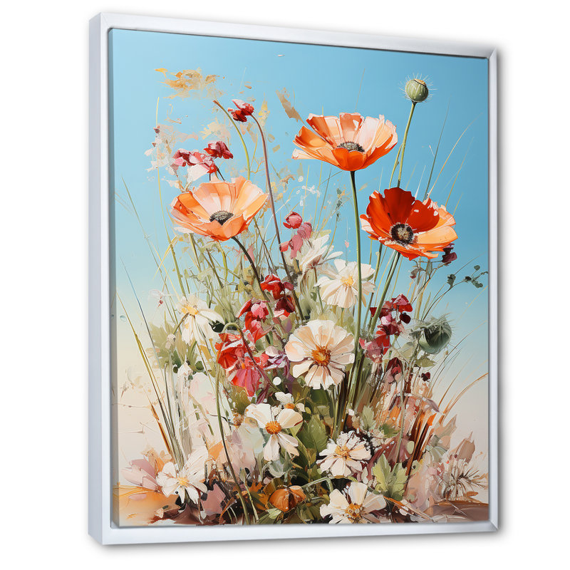 Œillets mauves, charme de campagne sur toile, Cadre flottant blanc, H 20 po x l 12 po x P 1 po