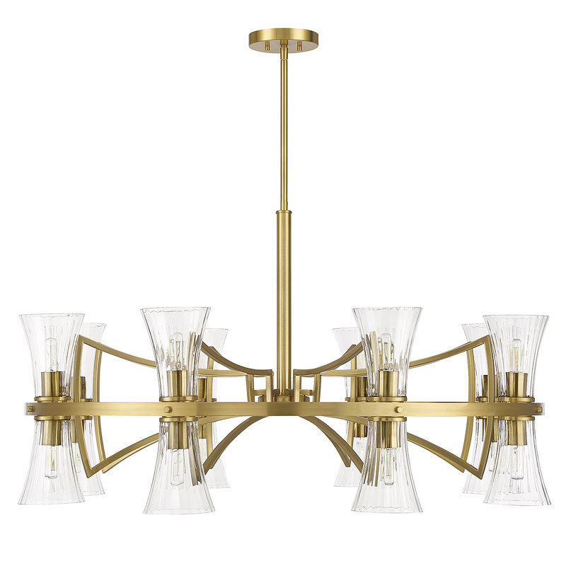 Bennington 16-Light Warm Brass Chandelier with Clear Ribbed Glass Shades