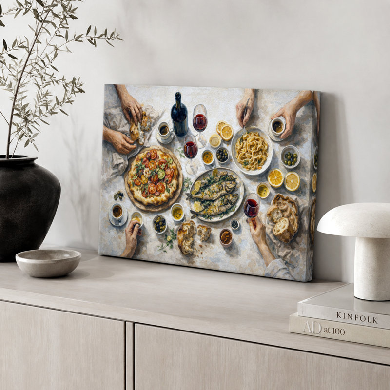 Tableau méditerranéen avec pizza, pâtes et vin de poisson, images de salle à manger, impression sur toile encadrée