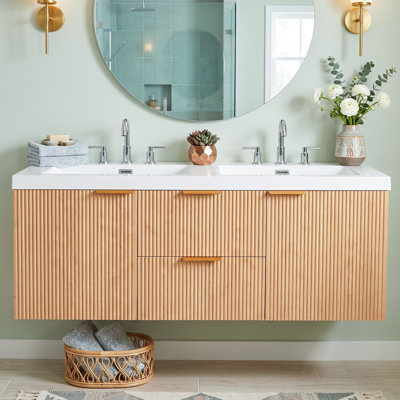 Meuble-lavabo mural en bois aggloméré 60 po avec lavabos intégrés en résine SMC, armoire de bain en bois naturel avec portes, tiroirs divisés et charnières et glissières à fermeture en douceur