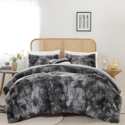 Fluffy Queen Comforter Set, Faux Fur Comforter Set Queen Size, Luxury Fuzzy Bedding Set, Soft Shaggy Bed Set For All Season, 3 Pieces - 1 Comforter & 2 Pillowcases, Tie-Dye Grey