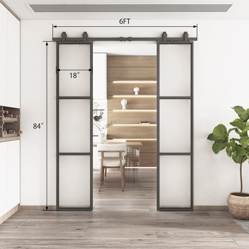 Metal and Tempered Glass Double Sliding Barn Door with Installation Hardware Kit, 2 Sets of Door, Frosted