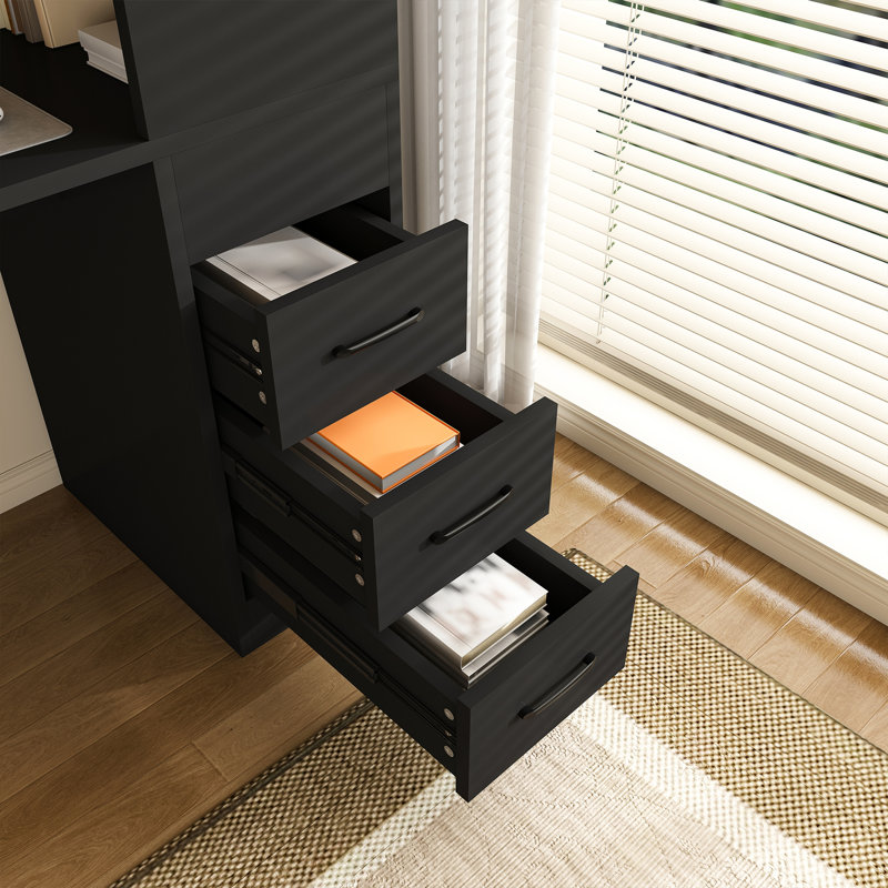 Bureau d'ordinateur avec prise électrique, bureau avec 3 tiroirs coulissants et 4 niveaux de rangement