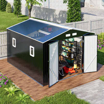 Remise de rangement en métal 10 x 12 pi avec structure de plancher très grande maison de rangement imperméable avec fenêtres de toit transparentes pour la cour de jardin, tondeuse à gazon, bleu foncé