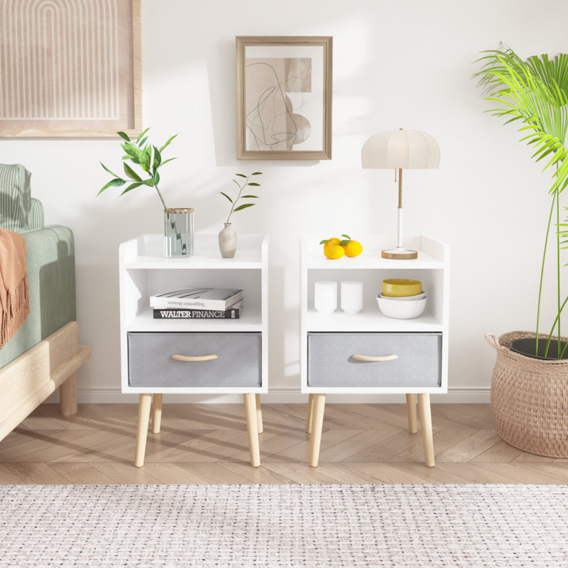 Table de bout avec rangement 2 pièces et tiroir pliable en tissu, Blanc