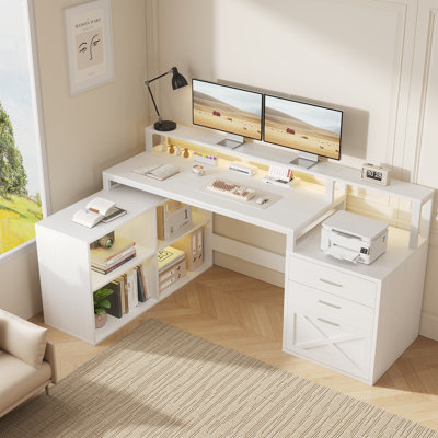 Bureau d'ordinateur en L de 66 pouces avec tablettes cubiques ouvertes, armoire de rangement, tiroir classeur, bande lumineuse à DEL et prise de courant intégrée pour le bureau à domicile et les jeux vidéo