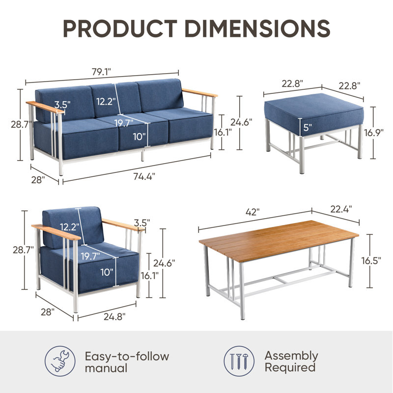 Ensemble de conversation moderne pour 7 à 9 personnes avec 4 fauteuils Coan, Coussin bleu / cadre blanc