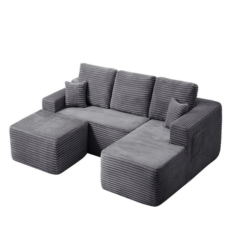 Compression U-Shape Right Sectional Couch (Gray), Gray Corduroy
