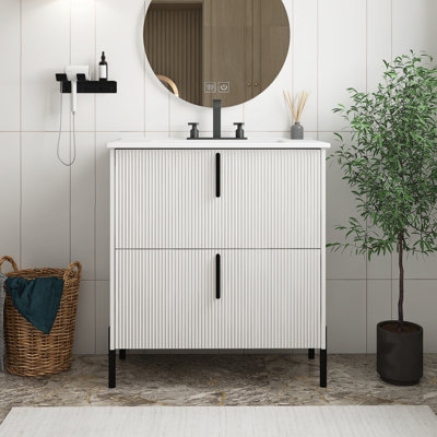 Bathroom Vanity With Ceramic Sink And Full-Extension Drawers, Soft Close Undermount Drawer Slides, Fluted Design