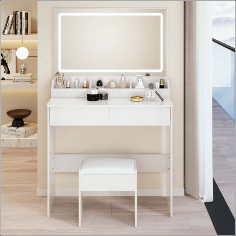 Ensemble de coiffeuse avec miroir à DEL et ensemble de tabourets à coussin souple, interrupteur tactile, 3 couleurs, luminosité réglable, capacité de rangement, coiffeuse compacte convenant aux petits espaces