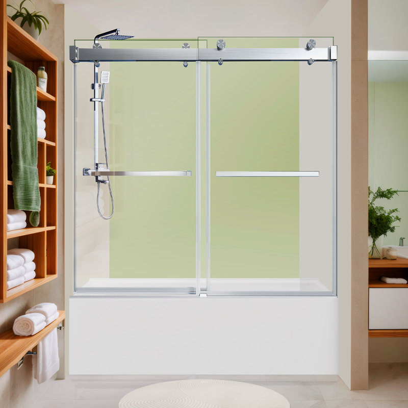 60" W x 66"  H Tub Door Bathtub Shower Door with Upgraded Crashproof System, Brushed Nickel