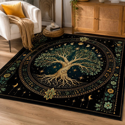 1Pcs Mystical Tree of Life Rug - Celestial Moon Phase & Stars Design, Vintage Bohemian Art Decor, Large Floor Mat for Living Room, Bedroom, and Meditation Space for home detor