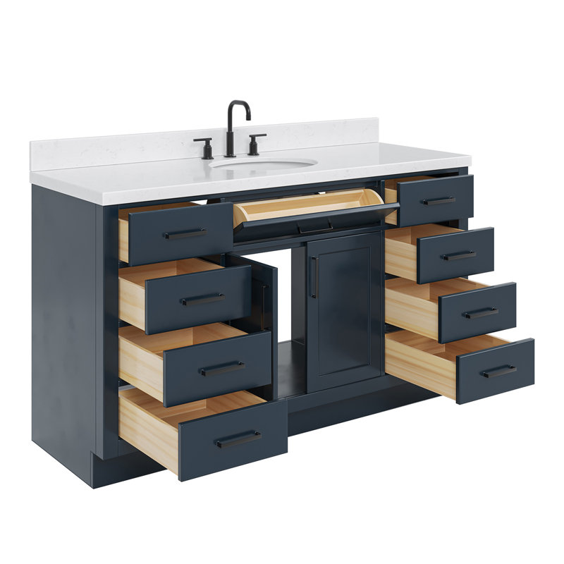 Thornaby Solid Wood Single Bathroom Vanity with 1.5'' Carrara Quartz Top, Midnight Blue, Oval