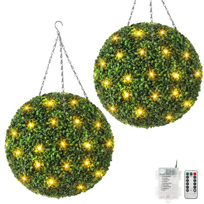 2 Pcs 20” Artificial Plant Topiary Ball, Pre-Lit Artificial Topiary Plant With 8 Mode, 40 LED Lights