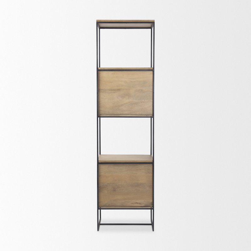 Beige and Black Wood and Iron Narrow Etagere Bookcase