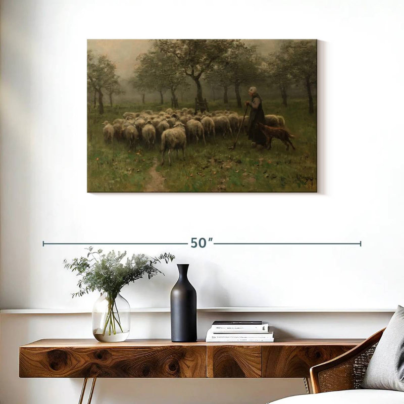 Bergère avec un troupeau de moutons, H 24 po x l 36 po