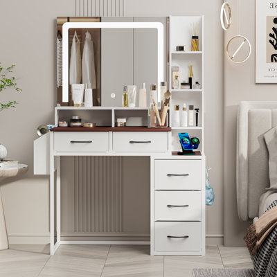 Led Lighted Vanity Desk With 5 Drawers, Touch Control Mirror, Power Outlets, Open Shelves & Side Hook, Modern Makeup Vanity Table