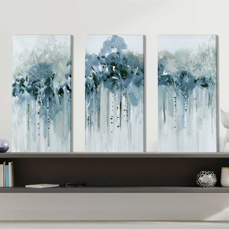 «Blue Birch Morning» - Reproduction d'art sur toile tendue à pièces multiples, H 24 po x l 36 po x P 0,75 po