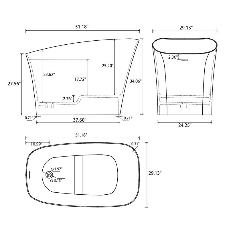 51'' Freestanding Soaking Solid Surface Bathtub In White, Matte White