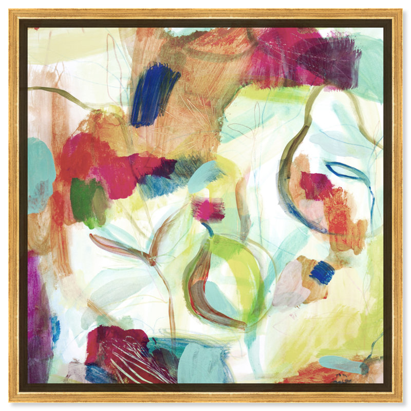 Abstrait blanc / mauve / vert Amazonie I - peinture, H 16 po x l 16 po, Toile encadrée, Doré