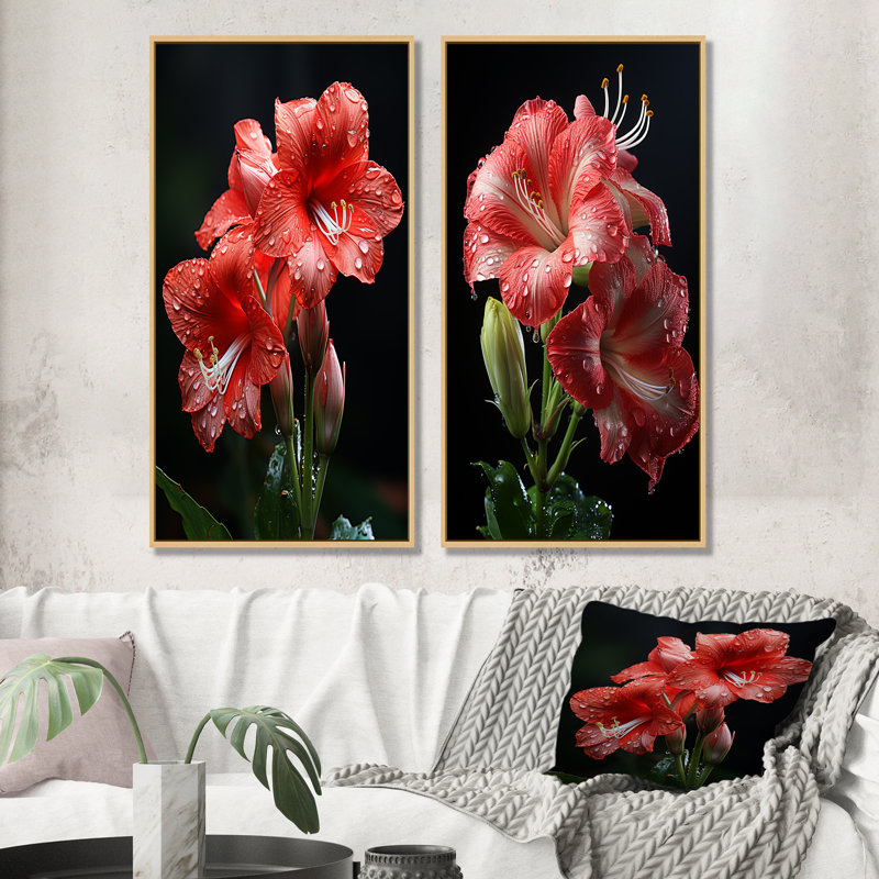 Ensemble de 2 décorations murales lys rose Elegance I, H 28 po x l 25 po, Encadrement brun