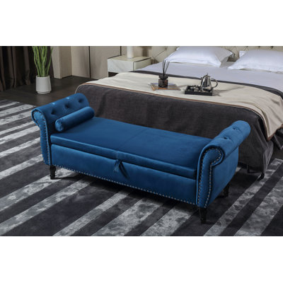 63" Velvet Multifunctional Storage Rectangular Sofa Stool Buttons Tufted Nailhead Trimmed Solid Wood Legs with 1 Pillow