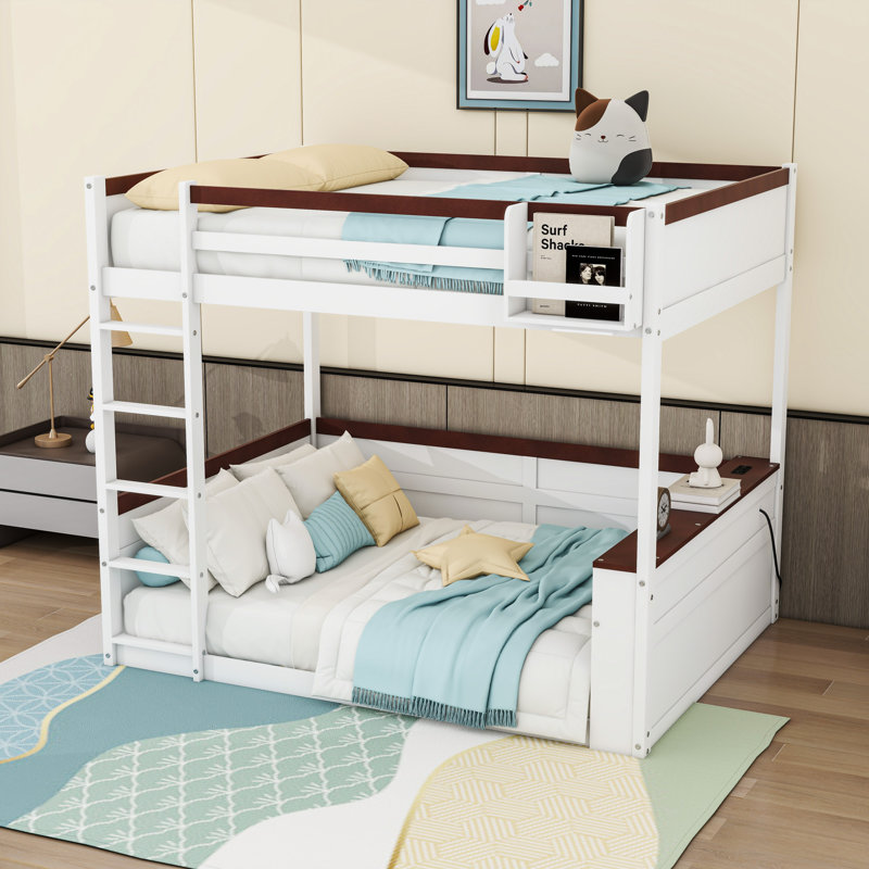 Queen Over Queen Wooden Bunk Bed With Built-In Shelves And LED Light, White