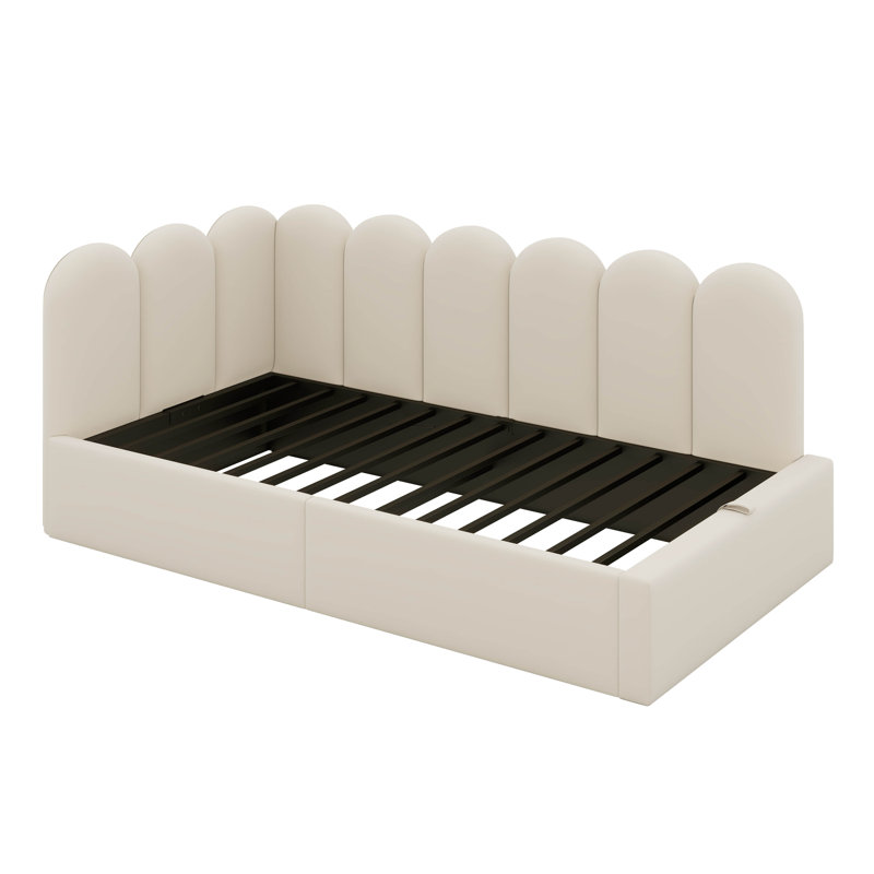 Canapé-lit moderne tapissier avec tête de lit, structure de lit simple en velours avec rangement hydraulique, Beige