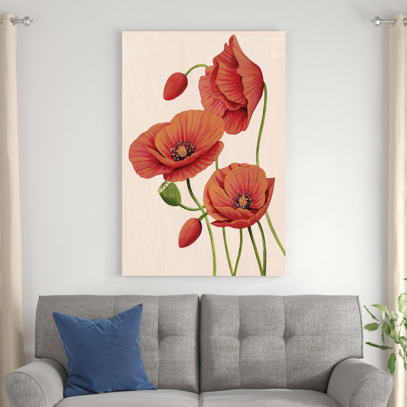 «Soft Coral Poppies II» par Grace Popp - peinture sur toile tendue, H 48 po x l 32 po x P 1,25 po