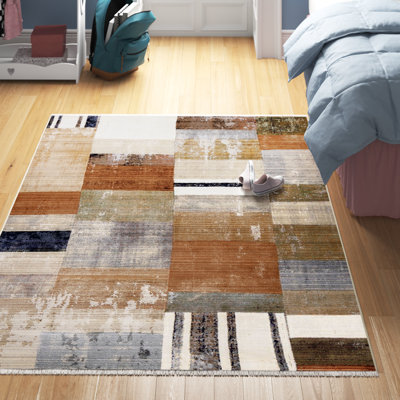 Ealey Geometric Patchwork Design Area Rug in Brown/Green/Cream