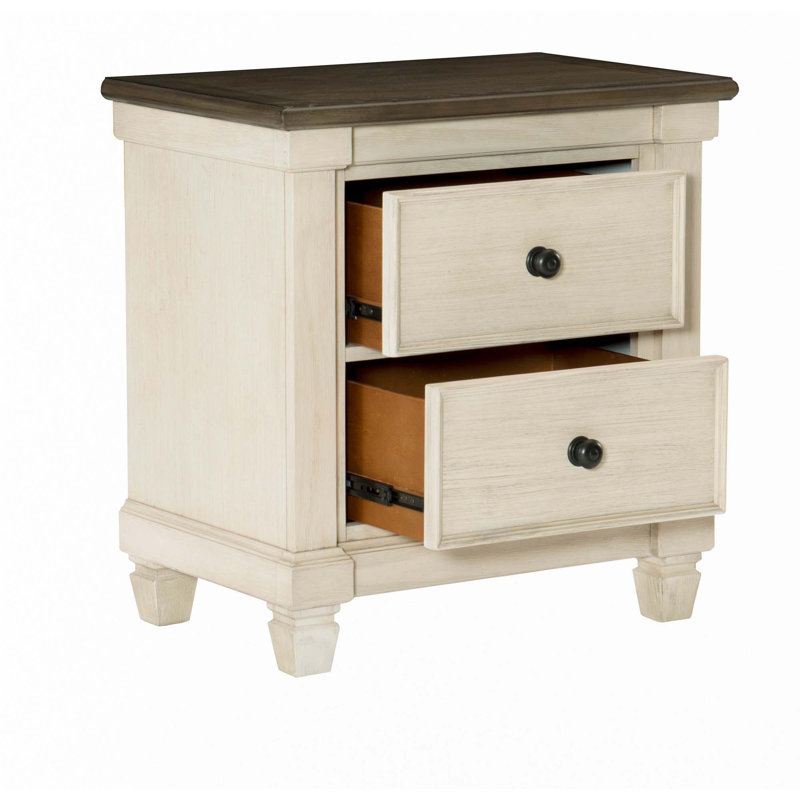 Table de chevet 2 tiroirs Transitional-Rustic, Blanc antique