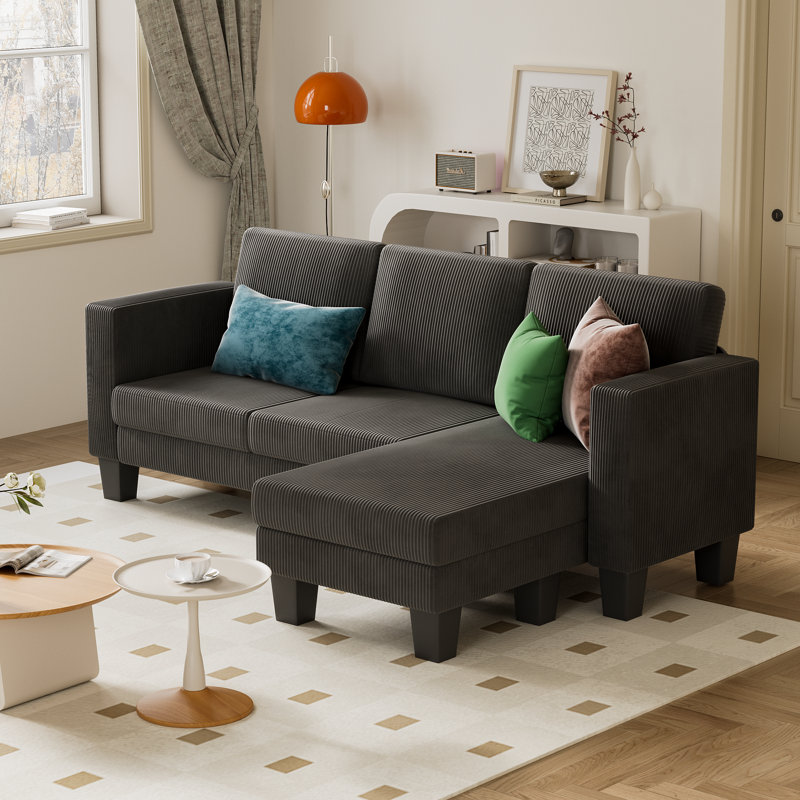 Convertible Sectional L-shaped Couch Soft Seat With Corduroy, Space-saving Sofas For Living Room, Gray Corduroy