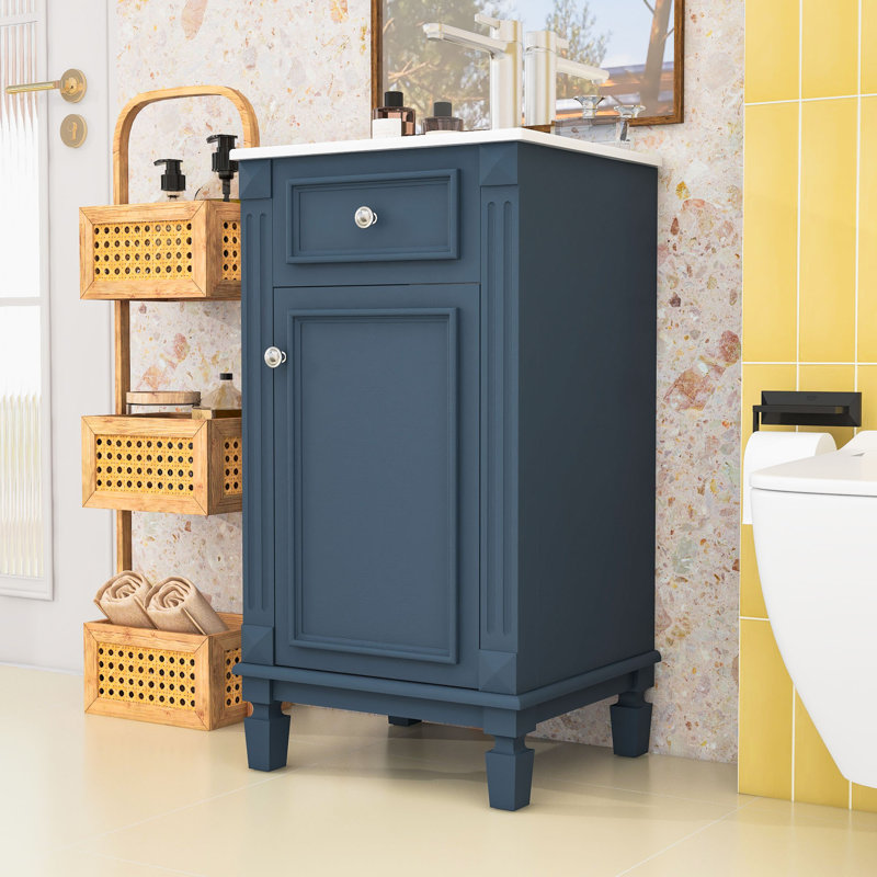 Meuble-lavabo compact autoportant avec lavabo en céramique, porte à fermeture en douceur et tablette réglable, Bleu