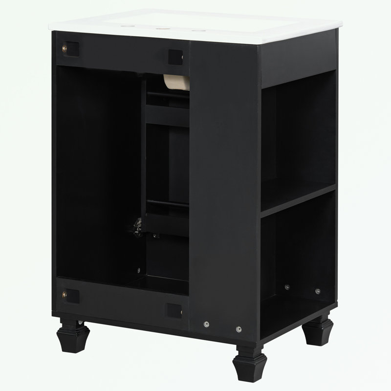 Meuble-lavabo de salle de bain avec lavabo en céramique, tablette de porte et rangement latéral ouvert, Noir