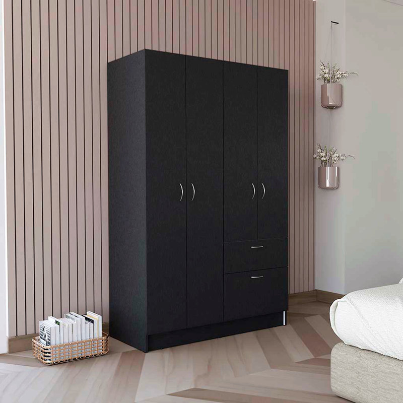 Armoire, armoire à deux portes, un tiroir, cinq tablettes intérieures, tringle - noir / blanc
