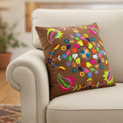 Ensemble de deux coussins décoratifs en coton à motif floral brun et rose de 20 po