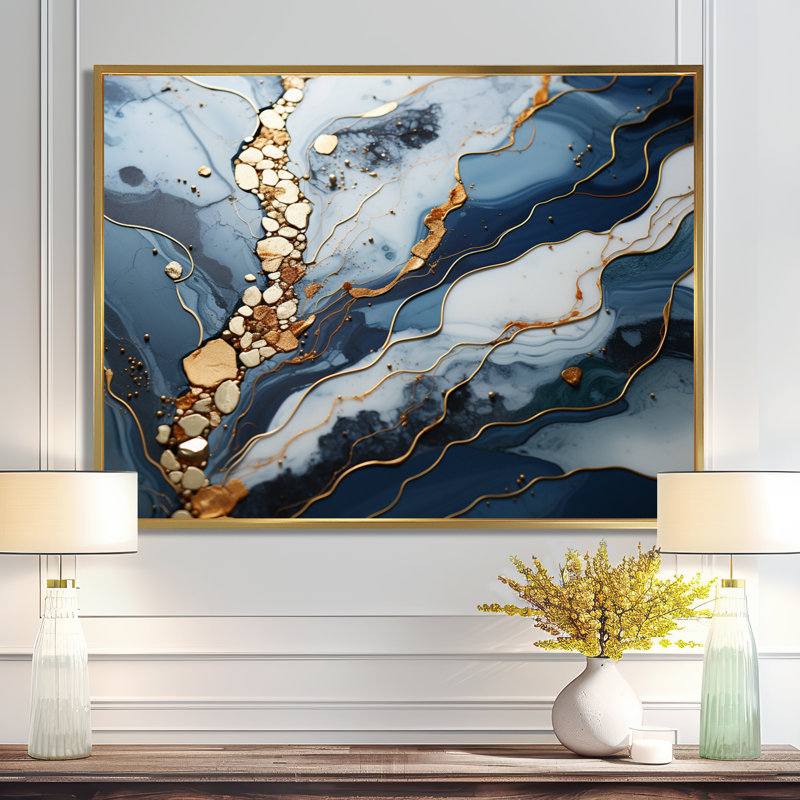 Blue and Gold Marble river II - Abstrait marbré, impressions sur toile, Cadre flottant doré, H 12 po x l 20 po x P 1 po